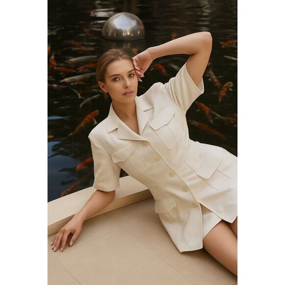 Chaus Tops - Chaus Silk Jacket Size 16 Vintage Y2K Sand Neutral Short Sleeve Blazer City Chic